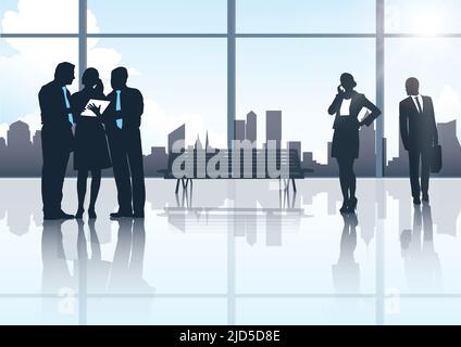Fare affari nel mondo corporativo. Silhouette di due gruppi di uomini d'affari contro un paesaggio urbano. Foto Stock