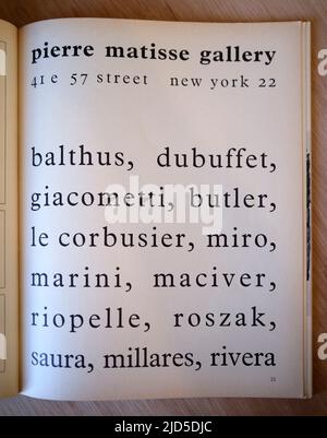 Pubblicità per la Pierre Matisse Gallery New York in un vecchio francese degli anni '1950 l'Oeil Art Magazine Foto Stock