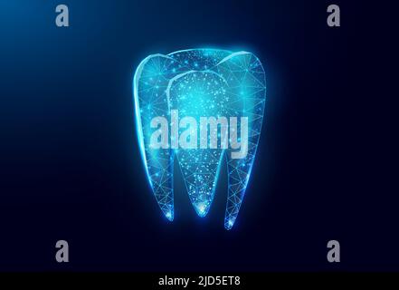 Dente. Banner astratto a struttura a reticolo in poly style basso. Servizi odontoiatrici, trattamento dentistico, cura dentale, concetto di stomatologia. Sfondo blu scuro. Vettore i Illustrazione Vettoriale