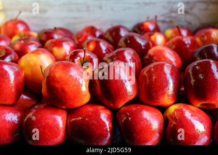 Molte mele rosse luminose poste in un contenitore e impilate Foto Stock