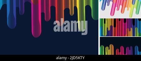 Set di astratto arcobaleno colorate linee d'onda fluido goccia flusso su sfondo scuro. Illustrazione vettoriale Illustrazione Vettoriale
