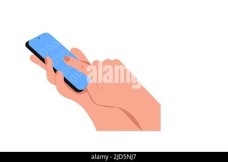 Mano umana che tiene uno smartphone, toccando lo schermo vuoto con un dito Illustrazione Vettoriale