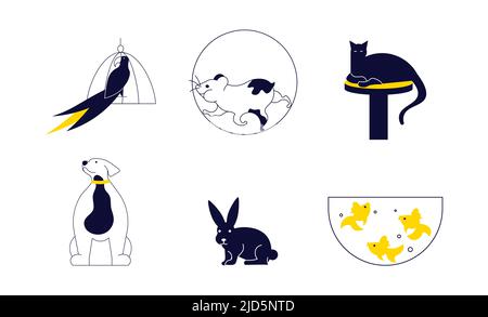 Set di animali domestici neri stilizzati dal design minimalista Illustrazione Vettoriale