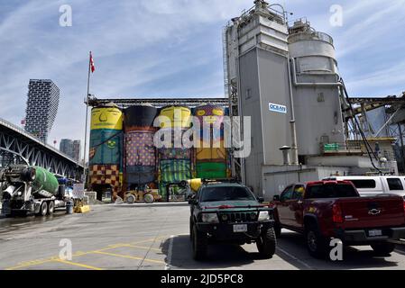 VANCOUVER, CANADA - 01 giugno 2019: Murales giganti dipinti su silos di cemento dagli artisti brasiliani Gustavo e Otávio Pandolfo a Granville Island, Vanco Foto Stock