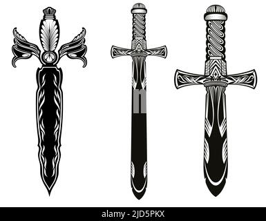 Icone spada. Silhouette medievale spade cavaliere. Illustrazione della spada del tatuaggio vettoriale. Illustrazione Vettoriale