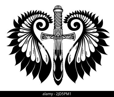 Spada con ali. Simbolo spada tatuaggio su sfondo nero Illustrazione Vettoriale