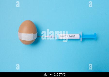 flatlay con siringa di vaccino di scimmietta e uovo vaccinato con cerotto medico su sfondo blu. Foto Stock