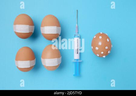 flatlay con siringa di vaccino di scimmietta e uova vaccinate con cerotto medico e uovo con sintomi di scimmietta su sfondo blu. Foto Stock