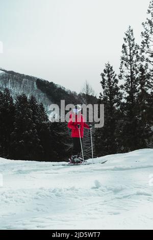 sciatore in giacca invernale rossa in cima alla montagna circondata da foresta e neve Foto Stock