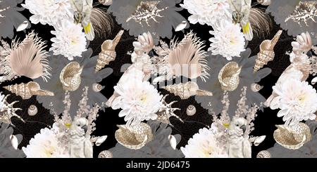 acquerello senza cuciture boho pattern. pappagalli, fiori e conchiglie. beige pattern Foto Stock