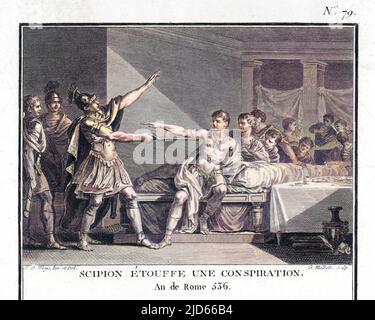 SECONDA GUERRA PUNICA : Publio Cornelius Scipio Africanus, generale romano e statista, sorprende una cospirazione militare. Versione colorata di : 10006626 Data: 216 a.C. Foto Stock
