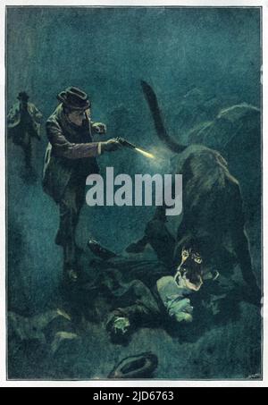 IL TUMULO DEI BASKERVILLES Holmes spara il sinistro cane: 'Holmes vuotò cinque barili del suo revolver nel fianco della creatura'. Versione colorata di : 10014174 Data di pubblicazione: 1901-2 Foto Stock