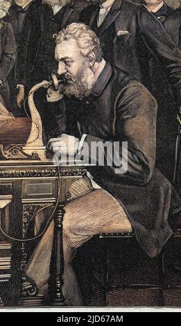 ALEXANDER GRAHAM BELL inventore ed educatore americano inaugura il telefono New York-Chicago il 18th 1892 ottobre versione colorizzata di : 10015888 Data: 1847 - 1922 Foto Stock