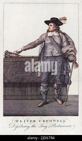 OLIVER CROMWELL (1599 - 1658), soldato, statista, il protettore raffigurato nell'atto di sciogliere il lungo Parlamento versione colorizzata di : 10023641 Foto Stock