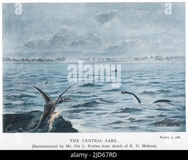 Il lago centrale, con plesiosauri, pterodattili e molto altro. Versione colorata di : 10028287 Data di pubblicazione: 1912 Foto Stock