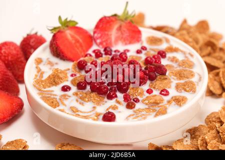 Cereali bevuta nel latte - colazione veloce con frutta e bacche Foto Stock