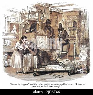 The Old Curiosity Shop di Charles Dickens, pubblicato per la prima volta nella serie settimanale Master Humphrey's Clock dal 1840 al 1841 e poi come suo libro nel 1841. "Siamo mendicanti" disse il bambino, passando un braccio intorno al collo. "Non ho paura, ma avremo abbastanza.” Nell comforta suo nonno nel negozio, mentre il malvolo nano moneylender Daniel Quilp appende sul retro di una poltrona e li guarda. Versione colorata di : 10583065 Data: C.1850 Foto Stock