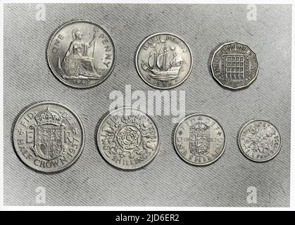 Monete britanniche (da sinistra a destra): Top - Penny, mezzo centesimo, threepenny bit. Fondo - mezza corona, due scellini, uno scellino, sixpence - code. Versione colorata di : 10154966 Data: 1960s Foto Stock