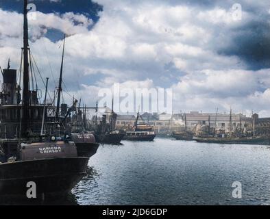 No 2 Fish Dock, pieno di barche da pesca, Grimsby, Lincolnshire, Inghilterra. Versione colorata di : 10174541 Data: 1950s Foto Stock