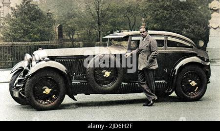 Il capitano Woolf Barnato con la sua Bentley "Speed Six" dotata di un corpo da corsa. Woolf Barnato aveva appena battuto il 'Blue Train' da Monte Carlo a Calais in questa (o simile) macchina. Questo corpo è solo uno se il suo genere, costruito da Gurney Nutting. La vettura esiste ancora. Versione colorata di: 10215545 Data: Giugno 28th 1930 Foto Stock