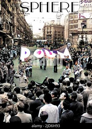 Fotografia che mostra i membri del Partito operaio dell'unificazione marxista (POUM) che marciavano lungo uno dei viali di Barcellona, durante le prime fasi della guerra civile spagnola, 1936. Versione colorata di: 10218044 Data: 1936 Foto Stock
