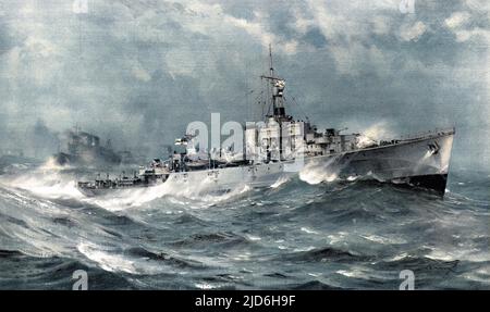 HMS 'Helmsdale', una Frigata della Royal Navy di classe 'River', in servizio di scorta convoglio nell'Atlantico settentrionale, 1944. 'Helmsdale' viene mostrato volando il segnale 'V J' - dicendo al convoglio di 'tenere la stazione' e, sullo sfondo sinistro, la nave principale del convoglio è visto riconoscere il messaggio. Versione colorata di: 10218139 Data: 1944 Foto Stock