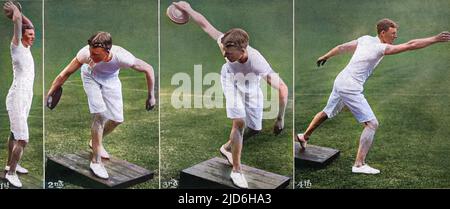 Giochi classici a Shepherd's Bush - quattro posizioni nel lancio del disco. Serie di quattro fotografie che mostrano le posizioni adottate durante il lancio del disco, uno degli antichi sport greci che sarà incluso nei Giochi Olimpici di Londra nel 1908. Versione colorata di: 10217334 Data: 1908 Foto Stock