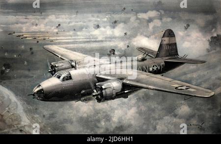 American B-26 'Marauder' bombardiere medio che vola attraverso 'flak' leggero sopra la costa della Francia, 1944. Versione colorata di: 10219990 Data: 1944 Foto Stock