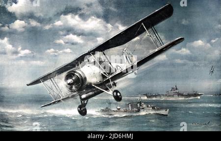 Una flotta Air Arm Fairey 'Swordfish' siluro-bombardiere-ricognizione aereo che vola su un distruttore britannico (in basso al centro) e la portaerei HMS 'Illustrious' (in basso a destra), 1941. Versione colorata di: 10220048 Data: 1941 Foto Stock