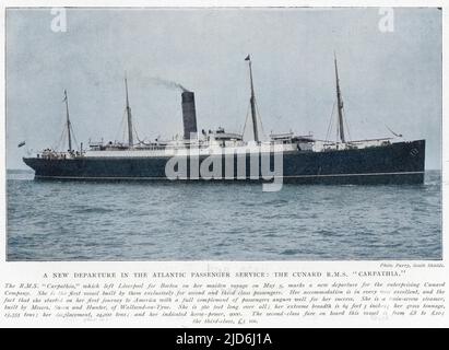 Il Cunard RMS Carpathia nel suo primo viaggio nel 1903. Fu la prima nave costruita da Cunard esclusivamente per passeggeri di seconda e terza classe. La Carpazia troverebbe più tardi fama come il liner che aiutò a salvare i passeggeri sopravvissuti dal Titanic sommerso. Versione colorata di: 10283345 Data: 1903 Foto Stock