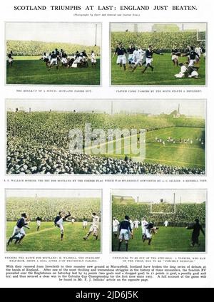 La Scozia trionfa sull'Inghilterra nel campionato di Calcutta Cup, durante la partita di apertura del nuovo stadio Murrayfield, inaugurato nel marzo 1925. Versione colorata di: 10510951 Data: 1925 Foto Stock