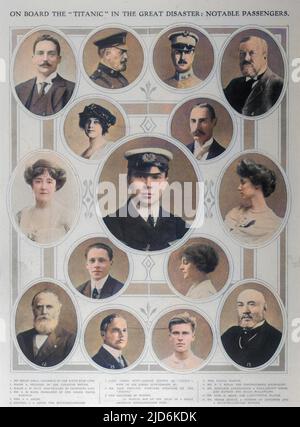 Passeggeri di notevole rilievo a bordo del Titanic, tra cui Bruce Ismay, Colonel & Mrs J. Astor, Lady Cosmo Duff-Brown, e W.T. Stead. Versione colorata di: 10027219 Data: 1912 Foto Stock