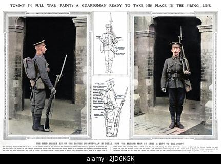 Fotografie e diagrammi che mostrano il kit da campo di un soldato britannico di fanteria, tra cui l'uniforme da campo di servizio di khaki, fucile e 150 libbre di munizioni Lee-Metford e strumenti di trincea. Versione colorata di: 10199736 Data: 1914 Foto Stock