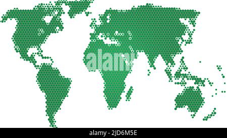 Mappa del mondo fatta di esagoni verdi, sfondo bianco. Mappa del mondo astratta in risoluzione 4K. Foto Stock