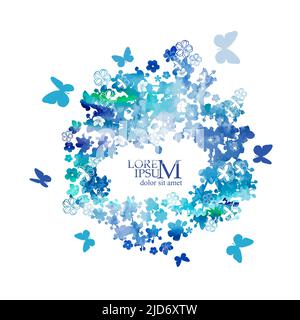 Astrazione da fiori blu e farfalle. Cornice floreale rotonda per il testo. Illustrazione vettoriale Illustrazione Vettoriale