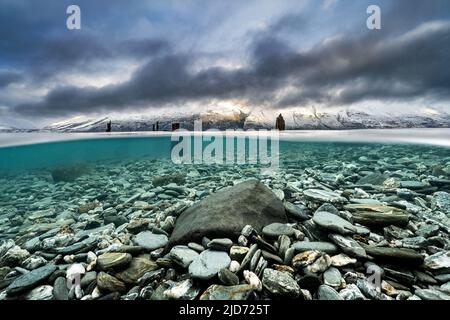 Inverno tuffo nel lago wakatipu, Glenorchy, Nuova Zelanda Foto Stock