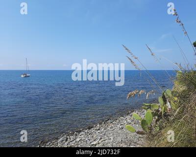 17 giugno 2022, Marina di Casal Velino, Salerno, Italia: Marina di Casalvelino, detto anche Casalvelino Marina, è un borgo e frazione (frazione) dell'Italia meridionale di Casal Velino, comune in provincia di Salerno, Campania, ed è la frazione più popolata del suo comune. Il paese, situato accanto alle rovine dell'antica città greca di Velia, è cresciuto in popolazione ed espansione urbana nell'ultimo decennio del 20th secolo, grazie al turismo della Costa Cilentana. Il porto di Marina è servito dall'aliscafo linea MM6W Napoli-Sorrento-Marina di Camerota, parte di un pastore locale Foto Stock