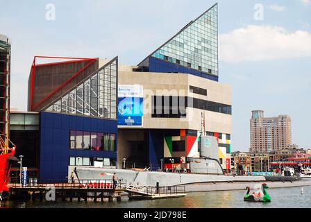 Le linee geometriche aspre del National Aquarium di Baltimora si distinguono nell'area del Porto interno Foto Stock