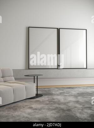 3d illustrazione di due bianche cornice nera in interno minimalista, mockup soggiorno Foto Stock