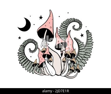 Funghi velenosi della strega, pagani della foresta e felci, icona mistica isolata su sfondo bianco. Disegno vettoriale a mano, stampa per t-shirt, divertente adesivo Illustrazione Vettoriale