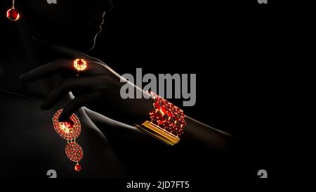 Jewelry Set - anello colletto oro a manica e grillo con gioielli rosso rubino, isolato, fittizio - oggetto 3D rendering Foto Stock