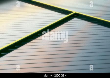 Astratto sfondo moderno con vista laterale su una superficie metallica fiancheggiata e linee gialle. 3D rendering Foto Stock