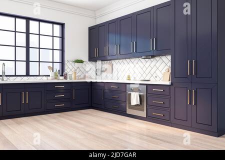 Vista laterale su blu scuro elegante cucina allestita in spazioso soggiorno con grande finestra quadrata, pareti chiare e pavimento in legno. 3D rendering Foto Stock