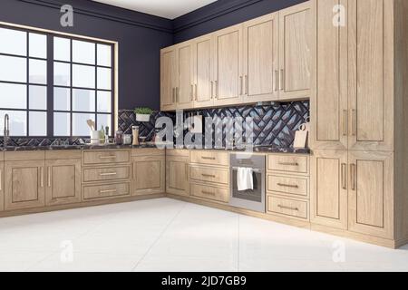 Vista laterale su una cucina in legno di stile ecologico situata in una camera spaziosa con pavimento in marmo chiaro, grande finestra quadrata e pareti marine. 3D rendering Foto Stock