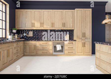 Vista frontale su un'elegante cucina in legno situata in un ampio soggiorno con pareti scure, pavimento in marmo chiaro e dettagli decorativi dorati. 3D rendering Foto Stock