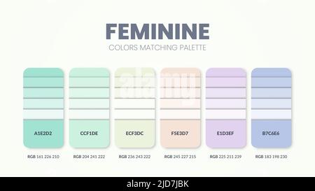 Idee di schemi di colore per il concetto femminile. Le tavolozze di colori sono combinazioni di trend e guide della tavolozza quest'anno, una tabella di colori in RGB o ESADECIMALE. R Illustrazione Vettoriale