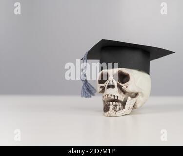 Cranio giocattolo in plastica con cappuccio accademico su sfondo bianco. Foto Stock