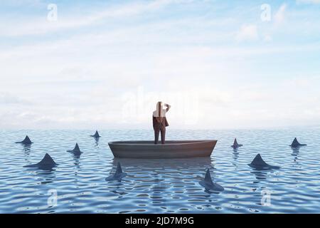 Strategia, leadership e concetto di concorrenza con vista posteriore su donna d'affari guardando in lontananza in una barca in mare con squali Foto Stock