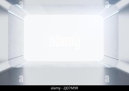 Grande schermo bianco in astratto stile futuristico con pareti metalliche. 3D rendering, mockup Foto Stock