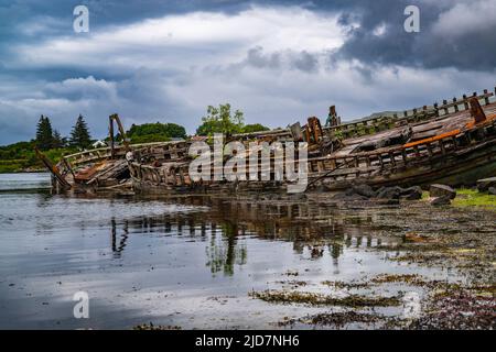 Salen, Isola di Mull, Scozia - Derelict barche da pesca in legno abbandonate sulla spiaggia che sta lentamente decadendo e marciando Foto Stock